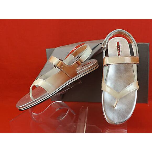 PRADA PATENT OMBRE LEATHER FLATS TWO TONES GLADIATOR LOGO THONG SANDALS 37.5 - Picture 10 of 12